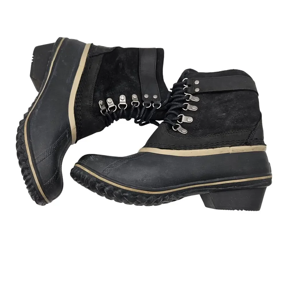 Sorel Winter Fancy Lace II Black Waterproof Ankle Boots Women 8.5 Lace Up Buckle